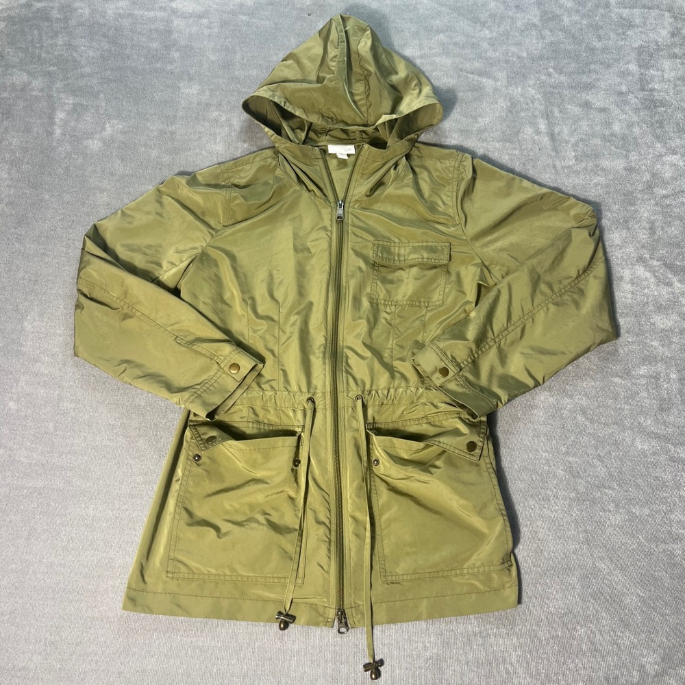 J. Jill Womens Olive Green Hooded Utility Jacket Full Zip Drawstring Waist Small